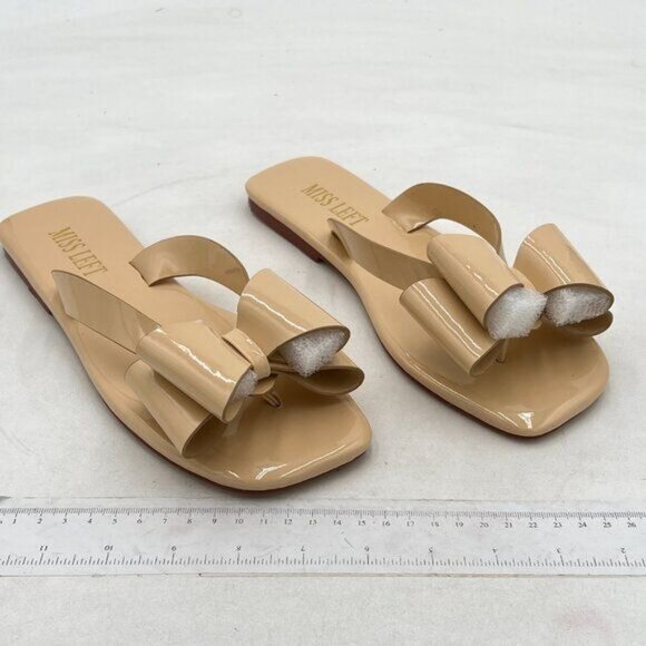 miss left Nude Versatile Open Square Toe Flip Flops Double Bowknots Slip On Shoe - Picture 4 of 8